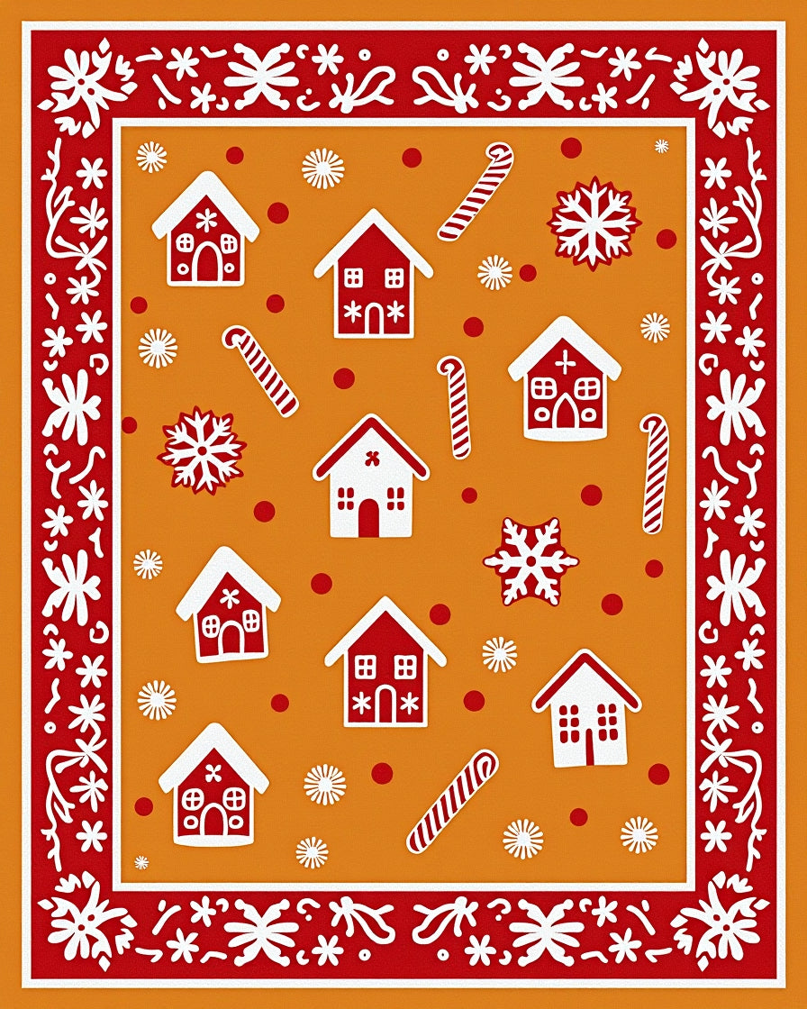 Red White Gingerbread House Candy Cane Snowflakes Rug