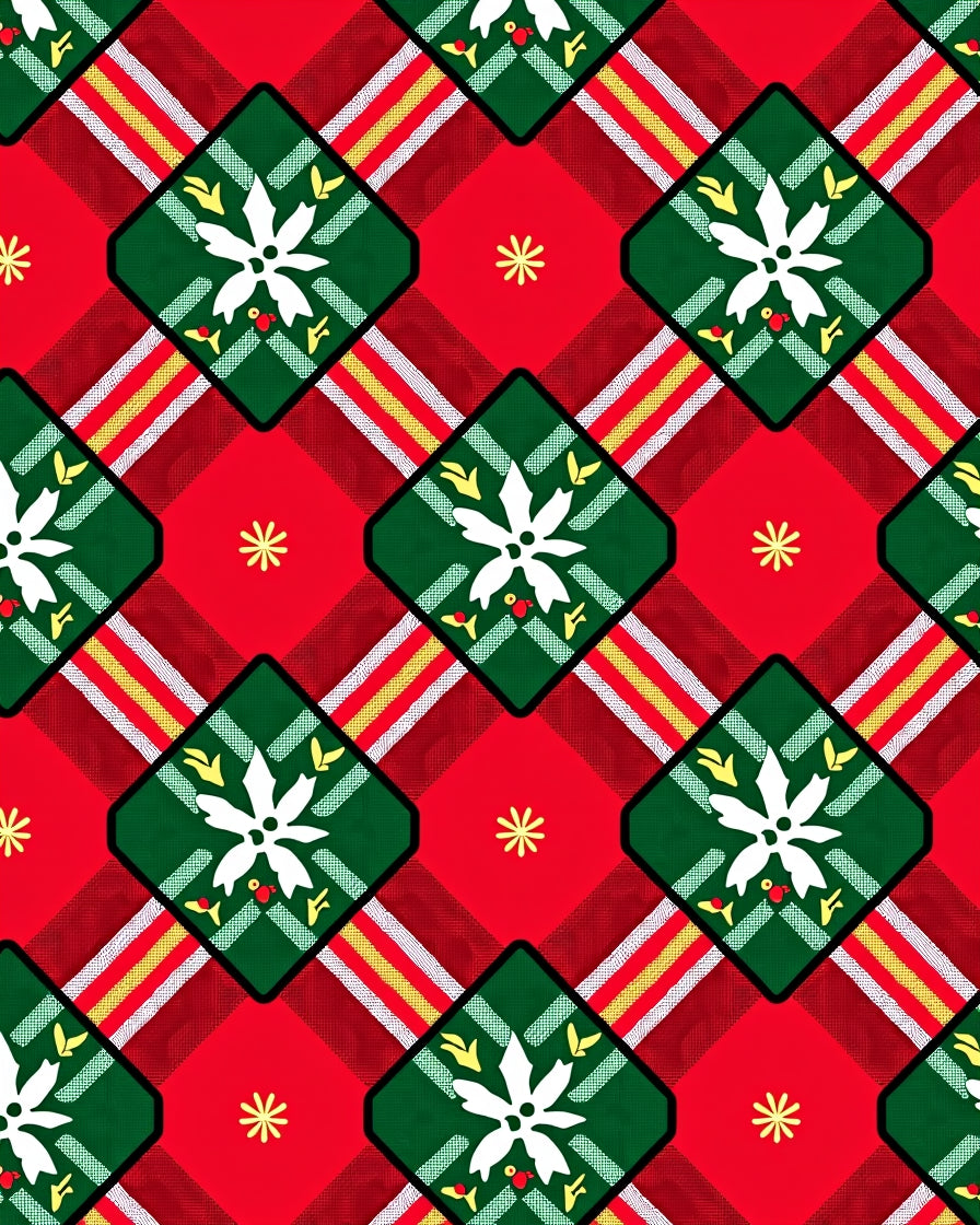 Red Green Plaid Floral Diamond Rug