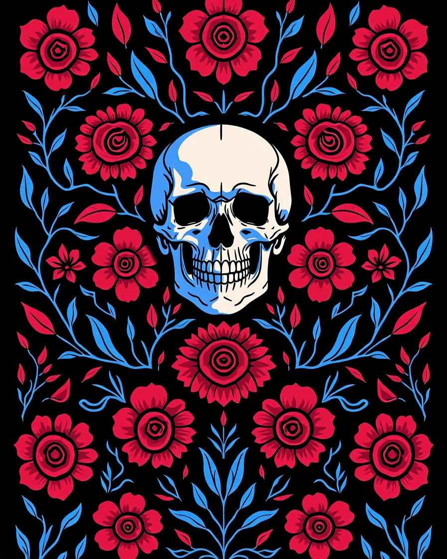 Crimson Floral Skull Black Ground Rug