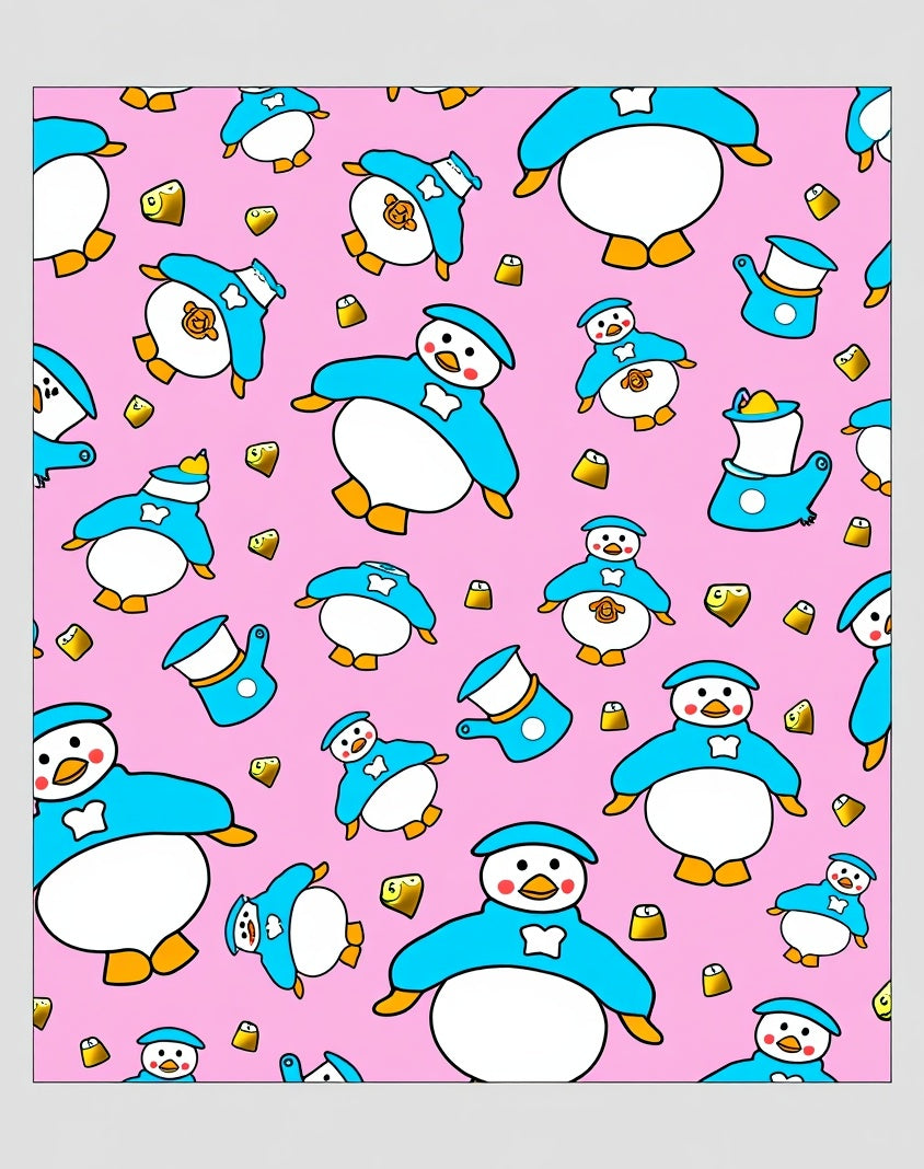 Charming Blue Penguin Pink Background Repeat Rug