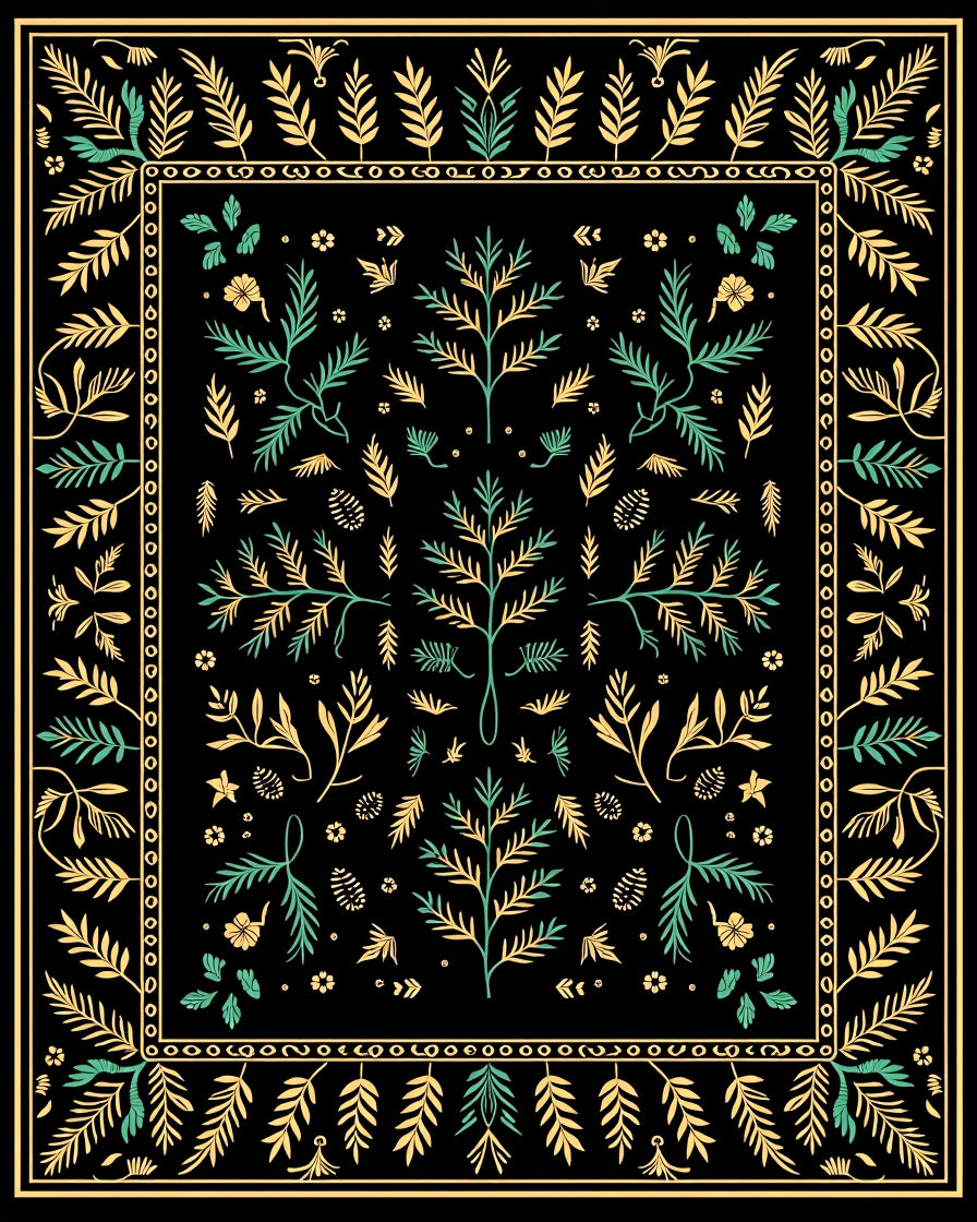 Golden Teal Branch Garden Folklore Rug