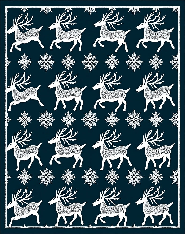 White Reindeer Snowflake Navy Background Rug