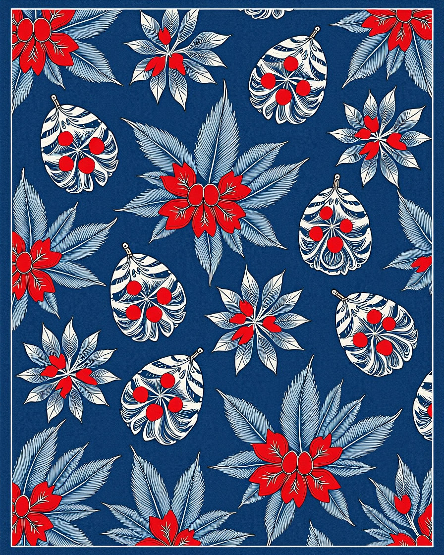 Bold Red Blue Floral Botanical Collage Rug