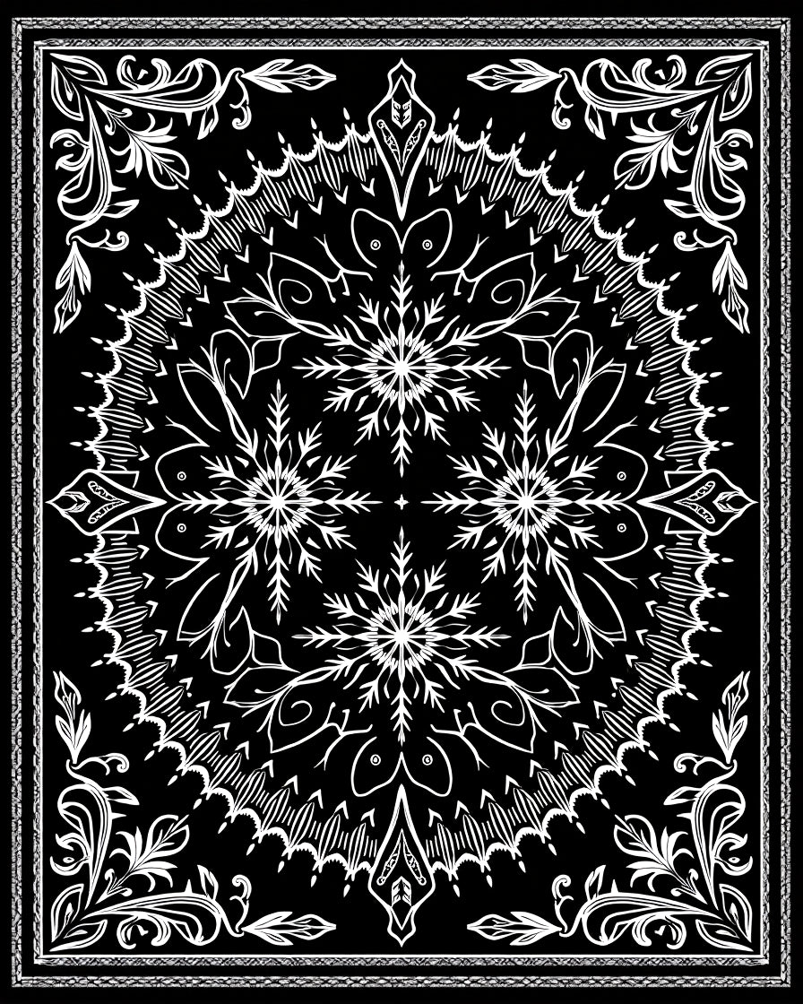 Black White Floral Snowflake Mandala Rug