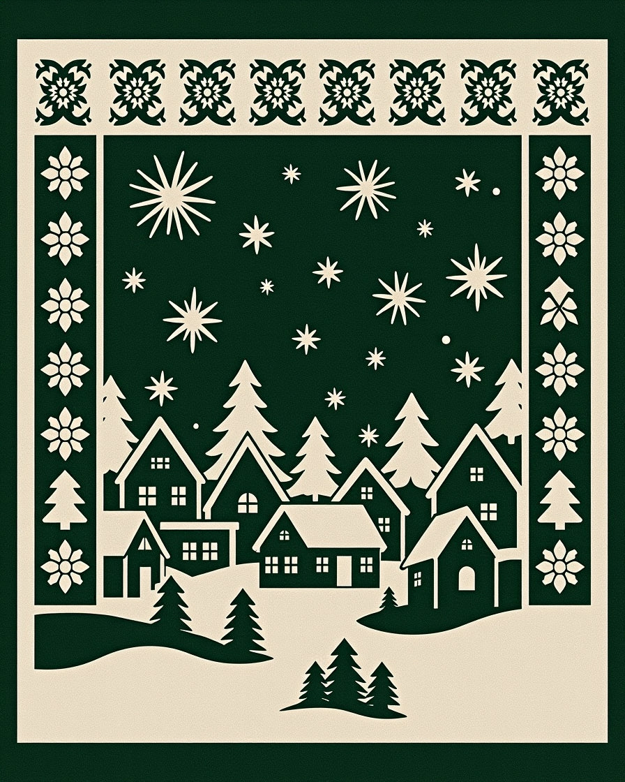Forest Village Snowfall Starry Night Rug