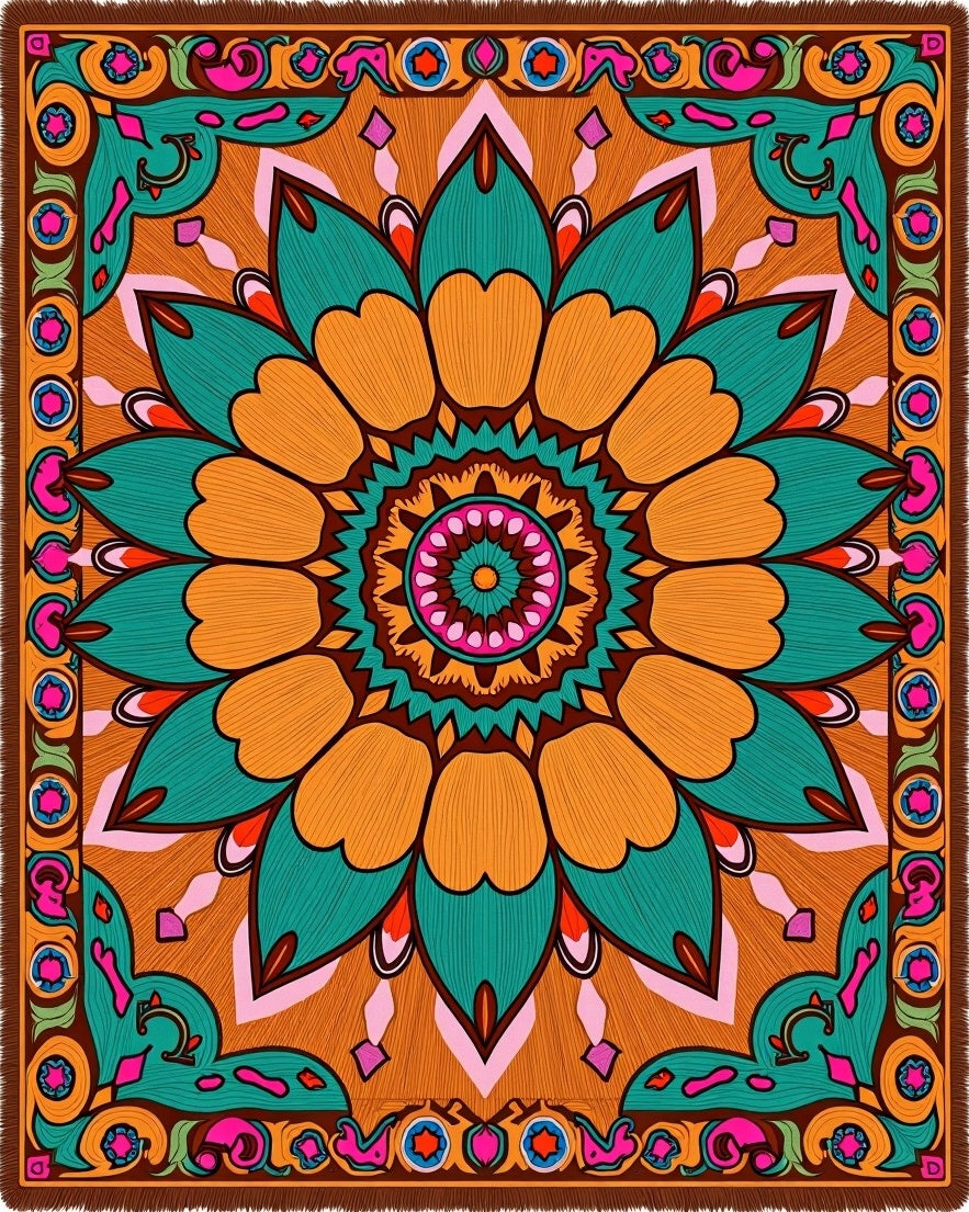 Vibrant Orange Teal Mandala Flower Rug