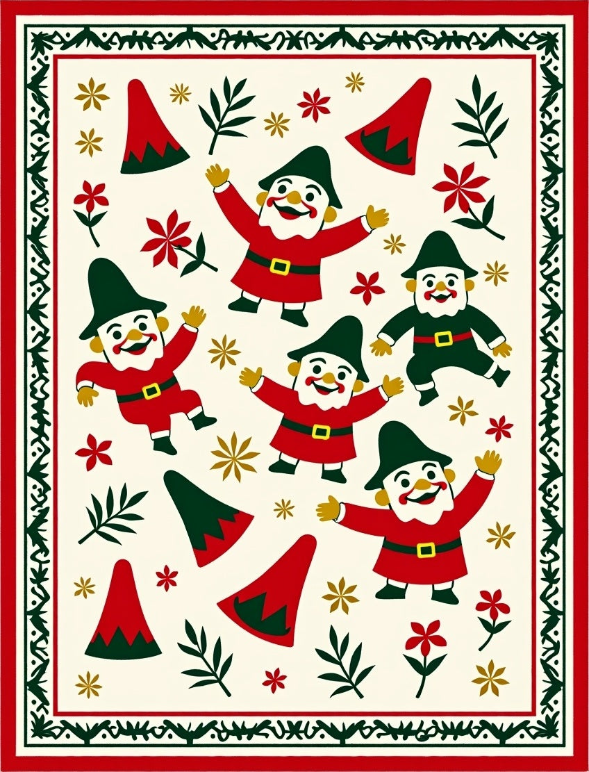 Cheerful Gnomes Red And Green Festive Rug