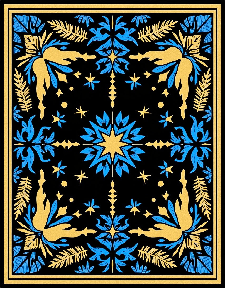 Black Blue Yellow Floral Symmetry Rug