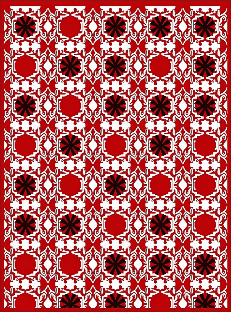 Red White Black Geometric Starburst Layout Rug