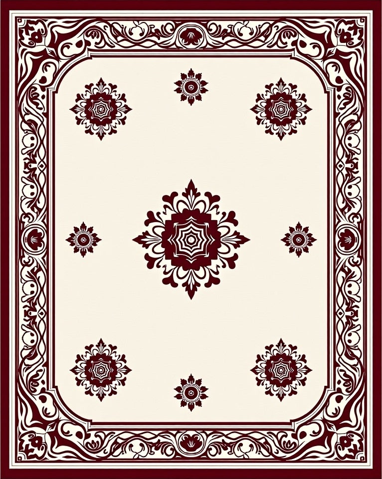 Cream and Burgundy Floral Medallion Rug