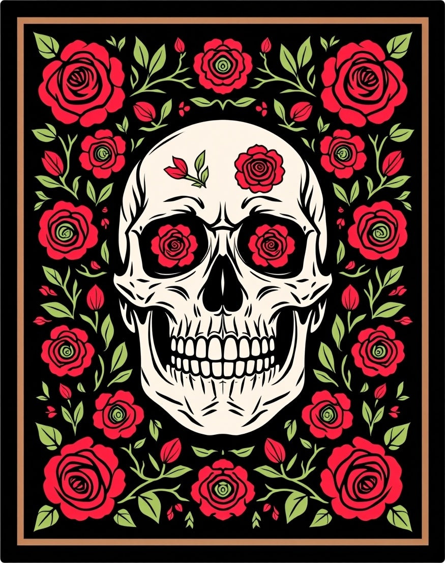 Bold Red Rose Skull Border Rug