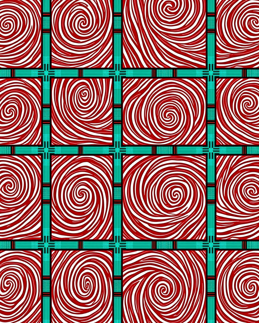 Red White Swirl Squares Teal Grid Rug
