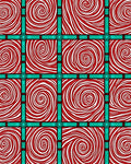 Red White Swirl Squares Teal Grid Rug