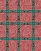 Red White Swirl Squares Teal Grid Rug