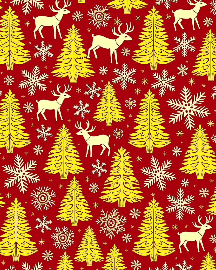 Golden Deer Snowflakes Christmas Trees Red Rug