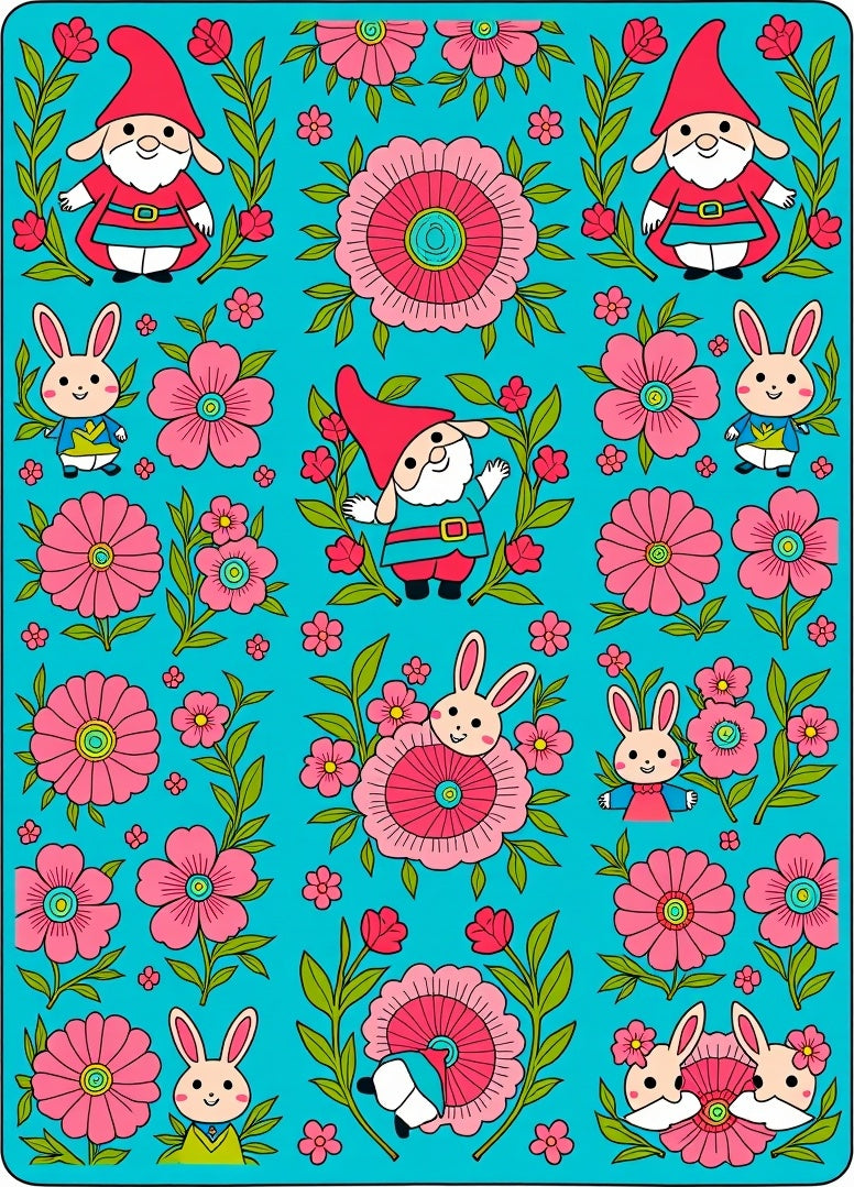 Cute Gnomes And Pink Flowers Rug