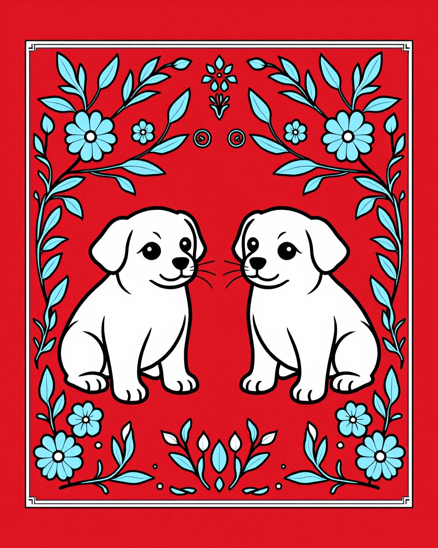 Red Blue Floral Twin Puppy Rug