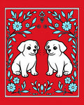 Red Blue Floral Twin Puppy Rug