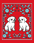 Red Blue Floral Twin Puppy Rug