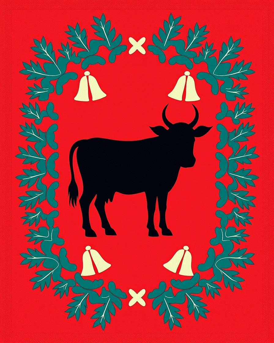 Crimson Silhouette Bull with Bells Rug