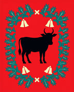 Crimson Silhouette Bull with Bells Rug