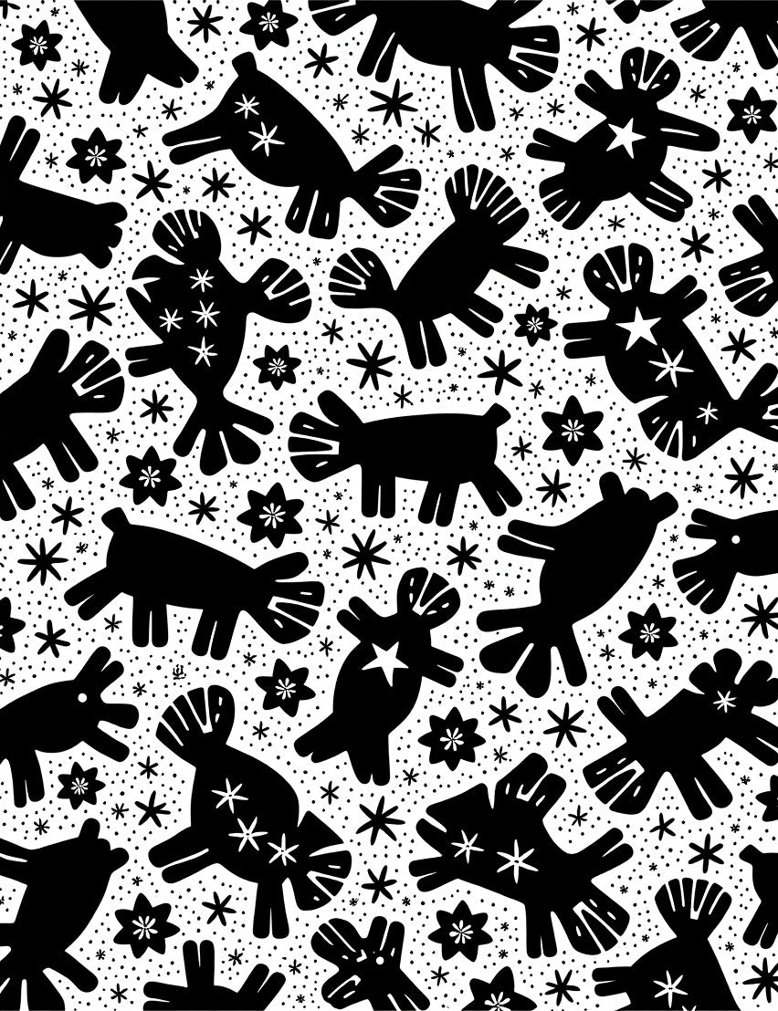 Black Whimsical Folk Art Creatures Rug