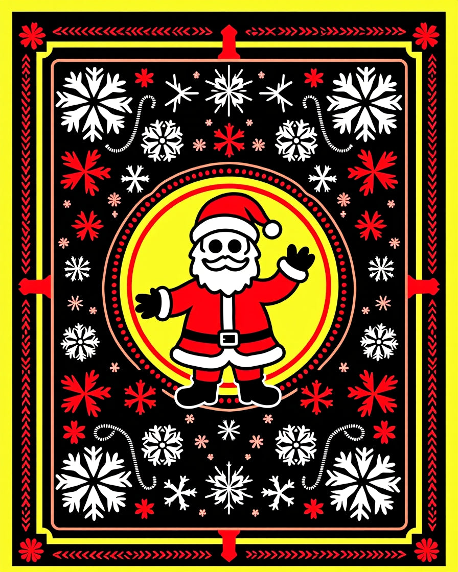 Festive Santa Red Yellow Snowflake Frame Rug