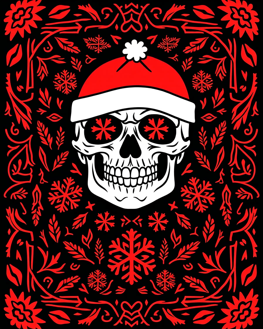 Red Snow Skull Festive Border Rug