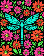 Vibrant Teal Dragonfly Floral Garden Rug