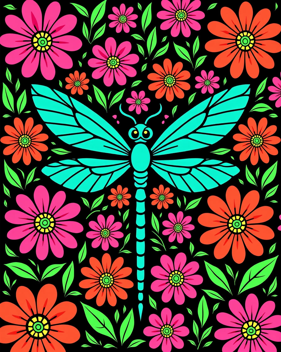Vibrant Teal Dragonfly Floral Garden Rug