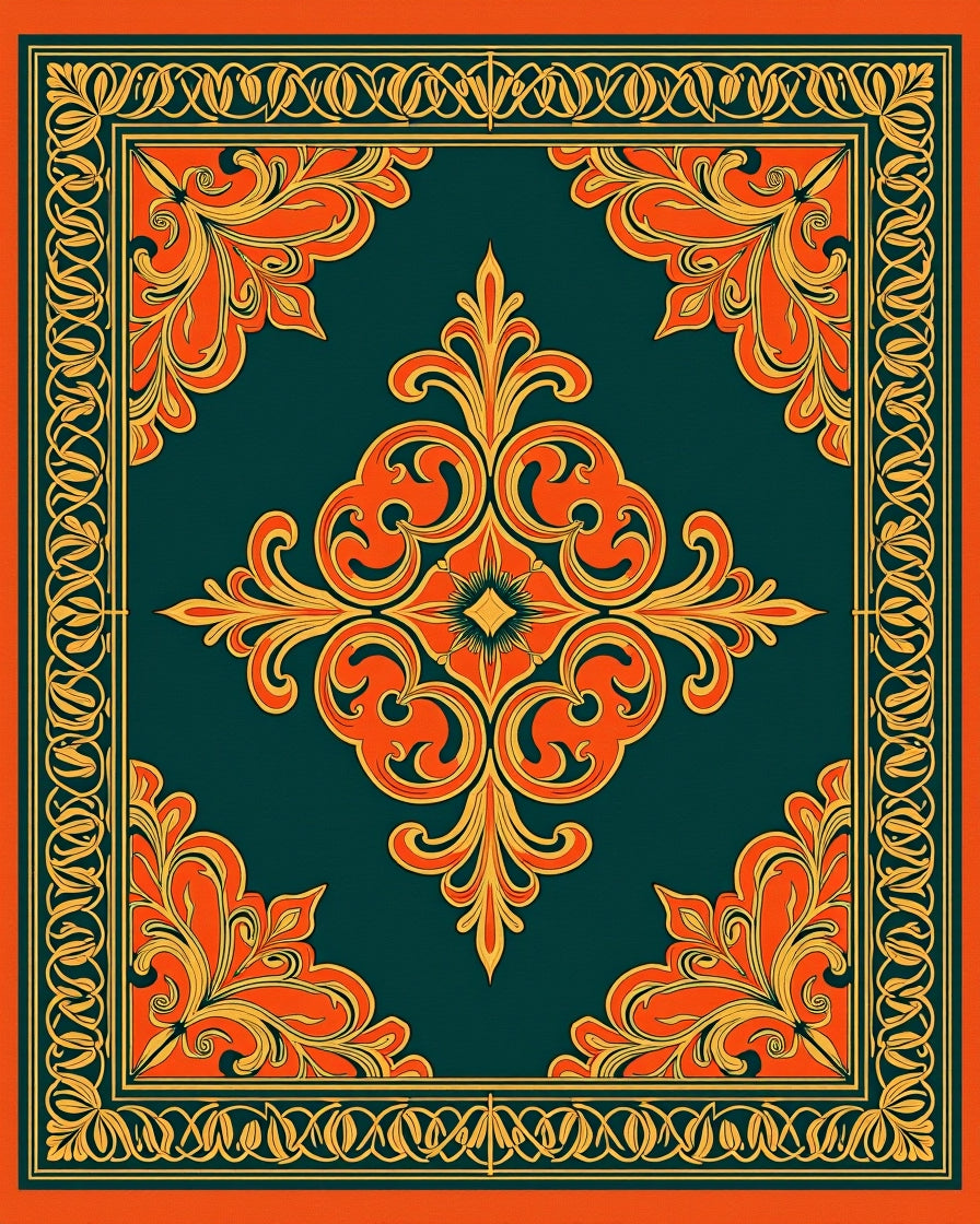 Deep Teal Orange Flourish Medallion Rug