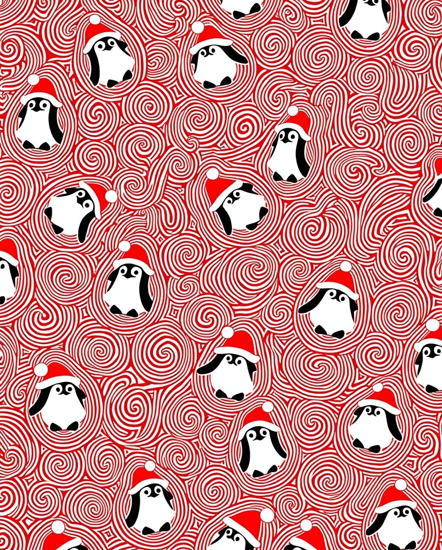 Whimsical Penguin Red Swirl Festive Rug
