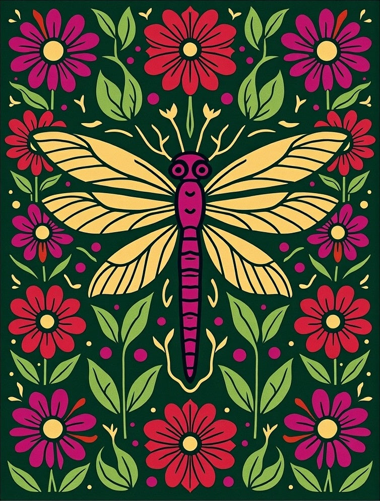 Vibrant Yellow Dragonfly Floral Garden Rug