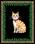 Animated Stripy Cat with Golden Leaf Border Rug