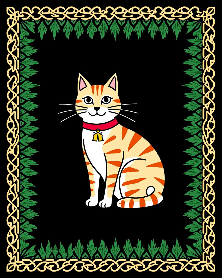 Animated Stripy Cat with Golden Leaf Border Rug