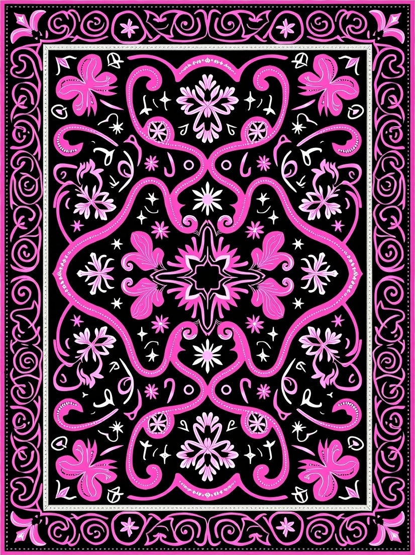Bold Hot Pink Floral Swirl Border Rug