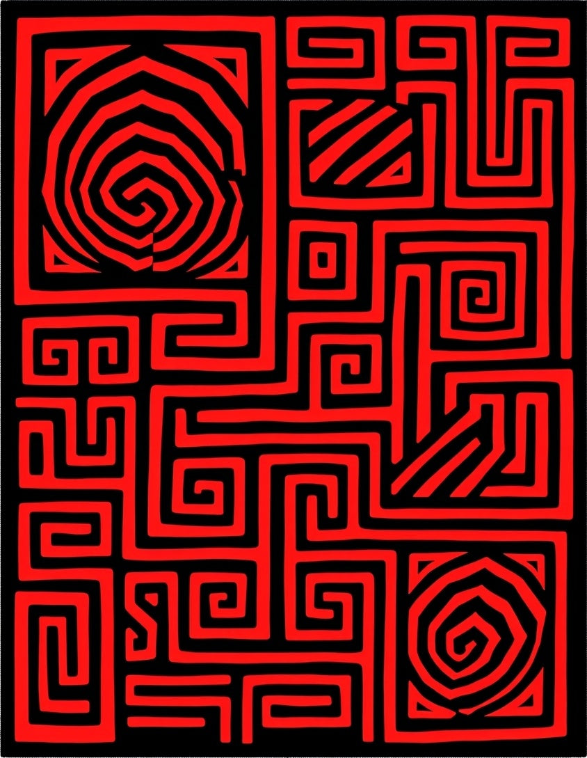 Bold Red Maze Labyrinth Rug