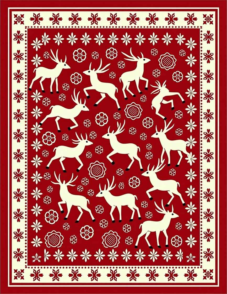 Red Deer and Floral Folk Art Rug