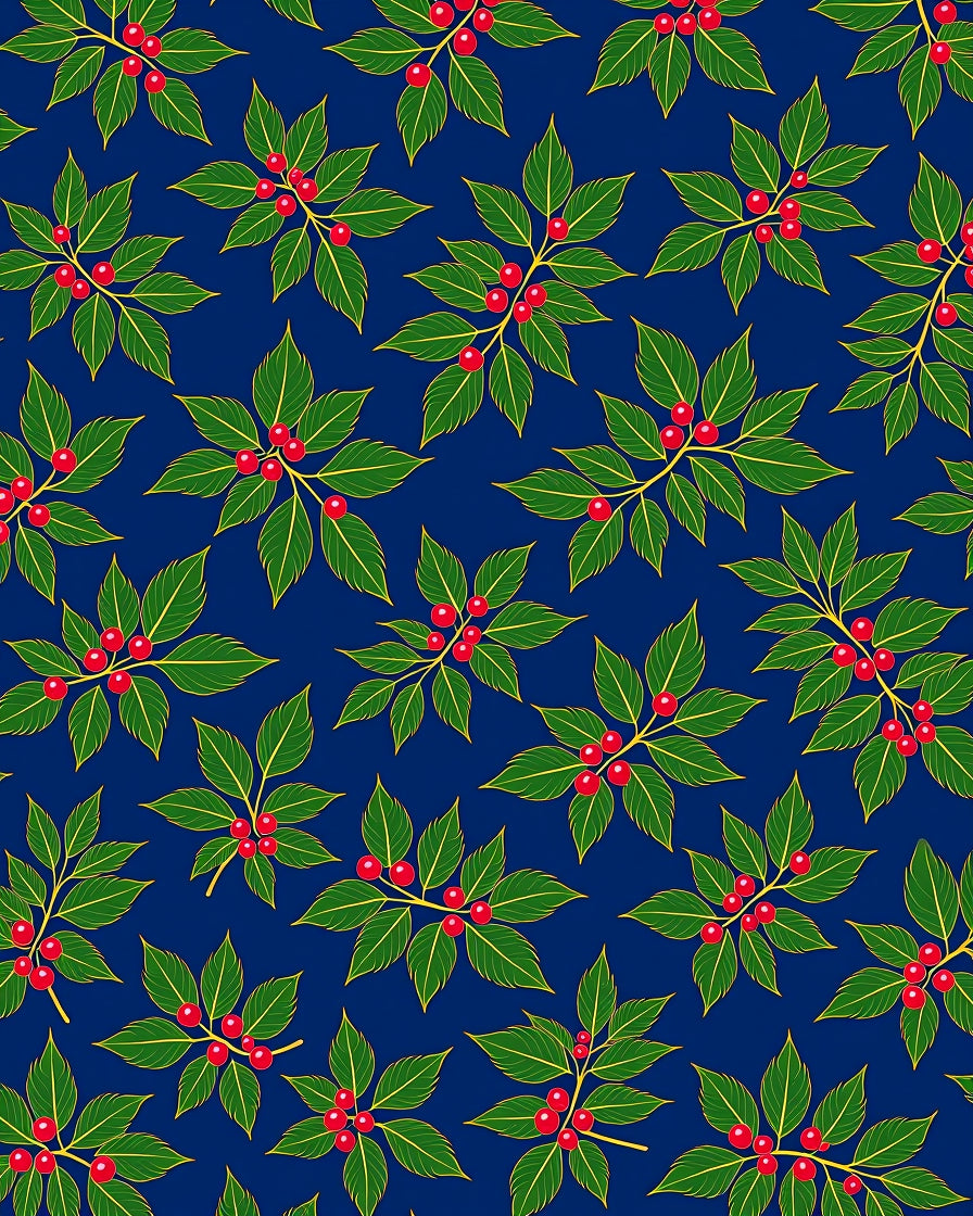 Green Holly Berry Branches Dark Blue Rug