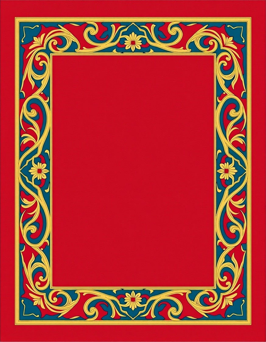 Ornate Red Gold Teal Floral Border Rug