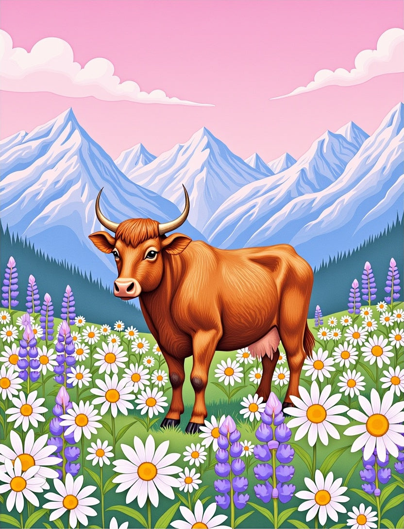 Brown Cow Meadow Mountain Floral Scene Rug