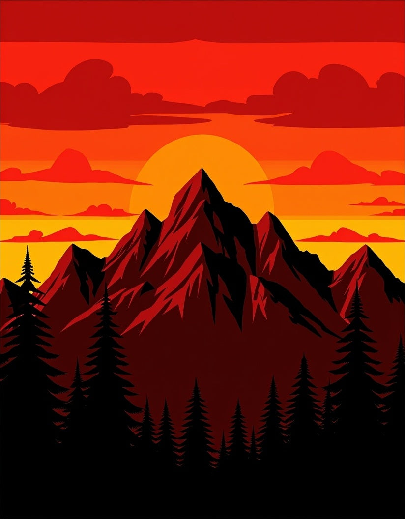 Crimson Sunset Mountain Forest Landscape Rug