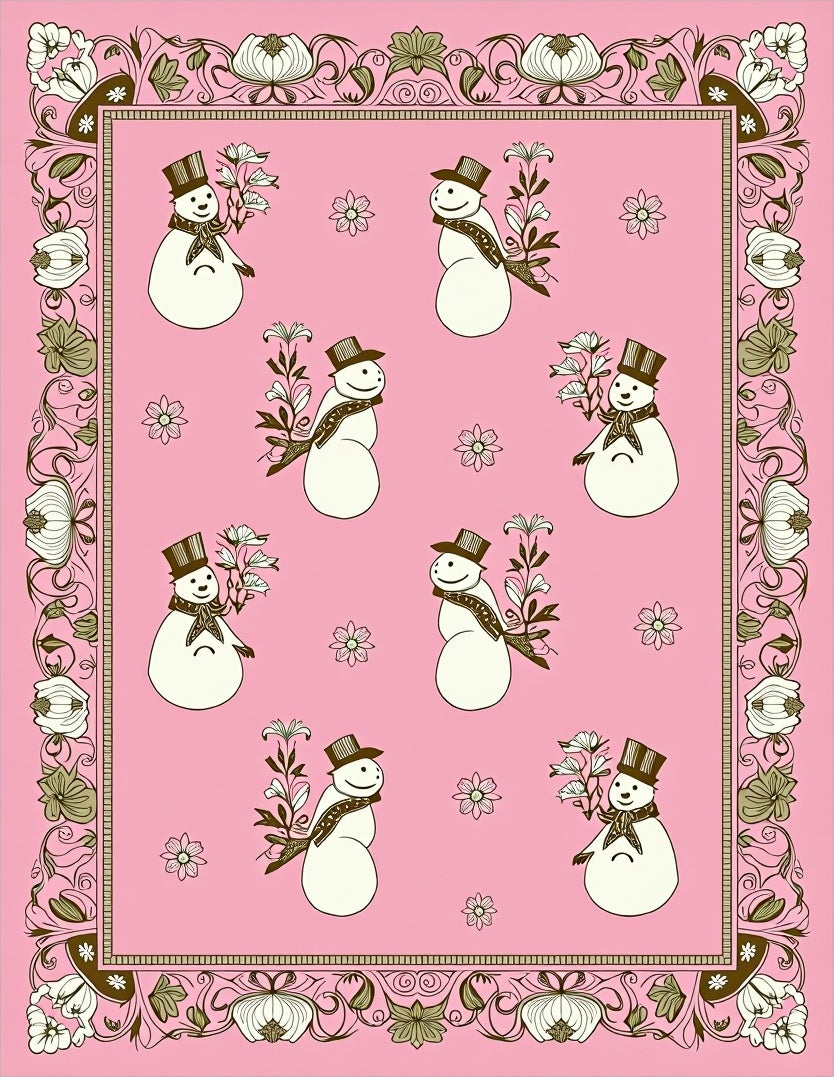 Pink Snowman Floral Border Rug