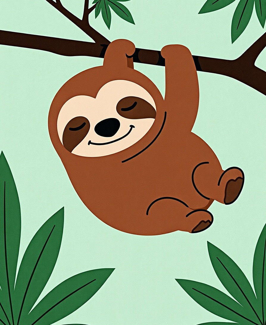 Playful Brown Sloth Hanging Tropical Leaves Rug