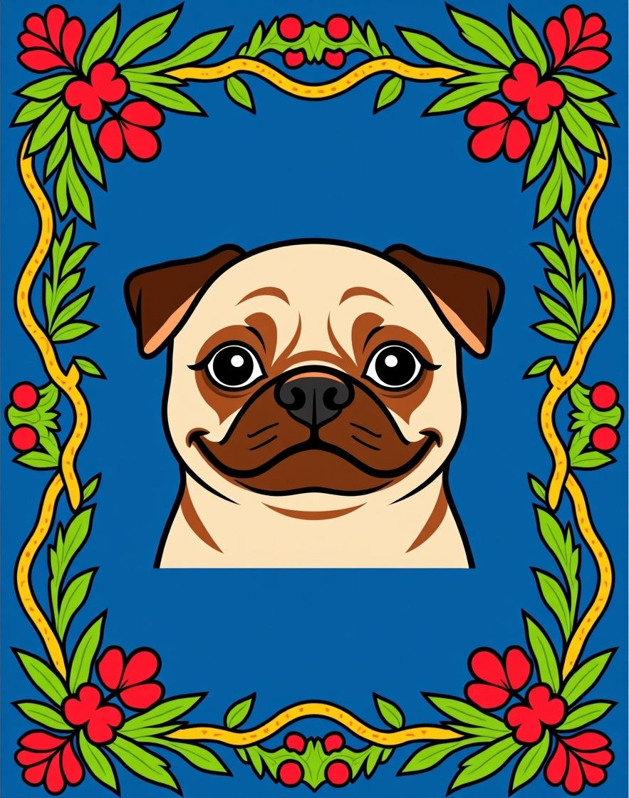 Cute Pug Floral Border Rug