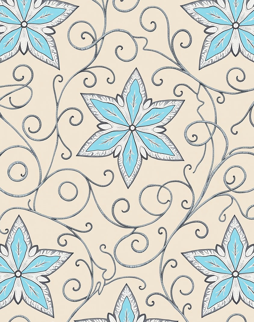 Light Blue Star Swirls on Cream Rug