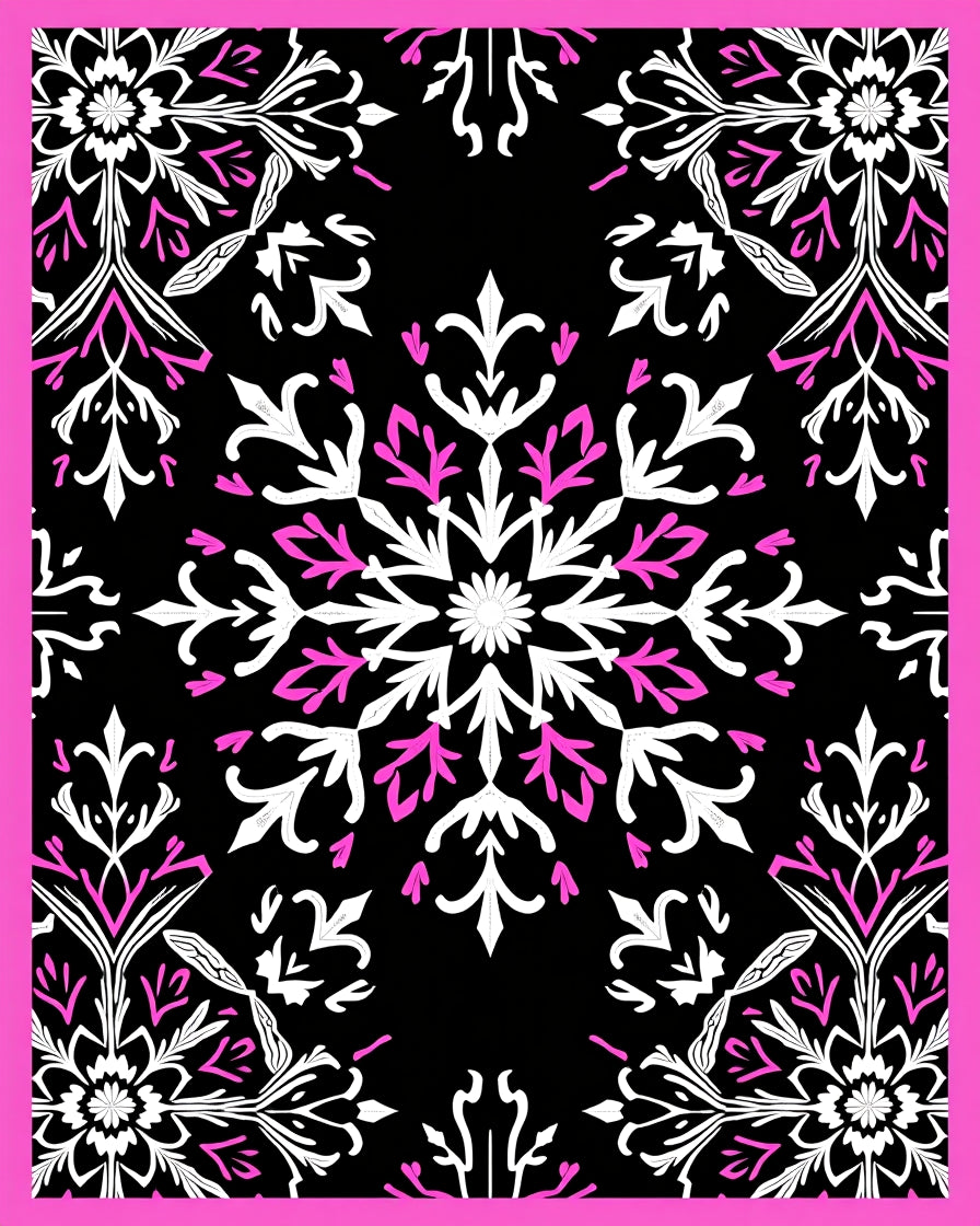 Black White Pink Snowflake Medallion Rug