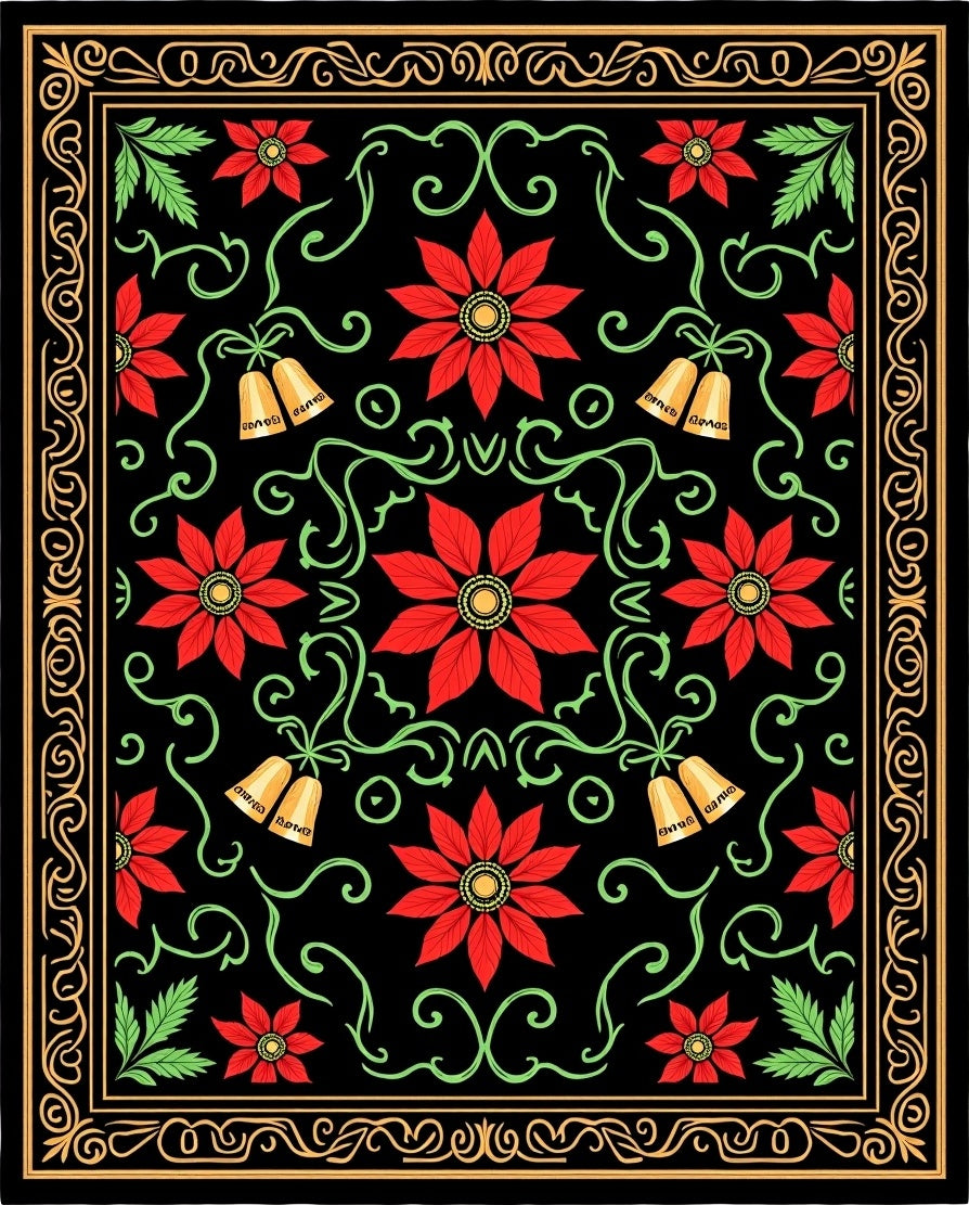 Red Flower Black Gold Bell Garland Rug