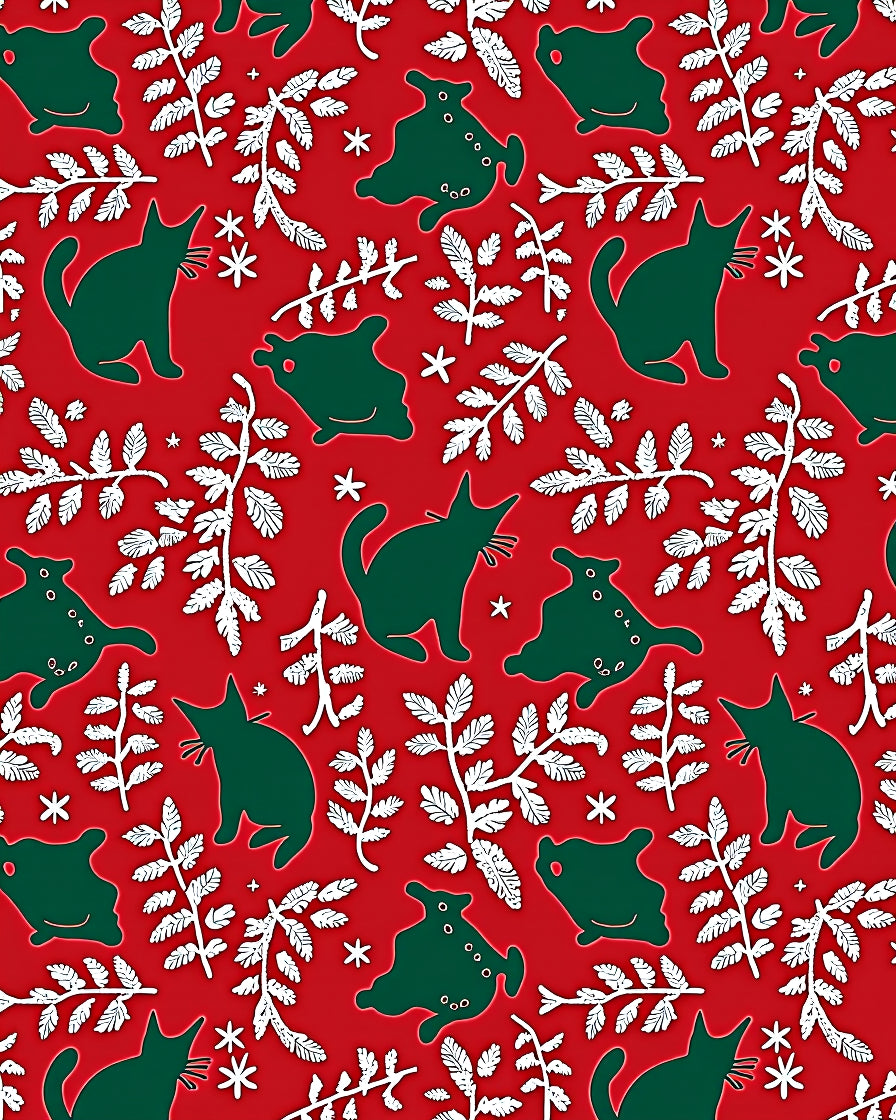 Whimsical Green Cats White Branches Red Rug
