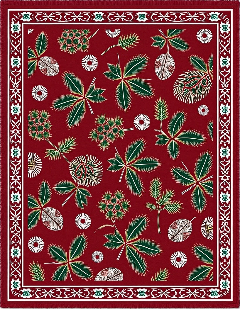 Crimson Green Leaf Botanical Border Rug